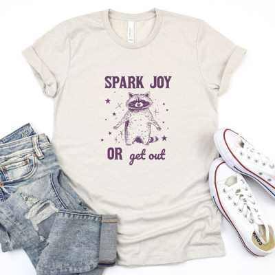 Spark Joy or Get Out: Raccoon's Philosophy Soft Cozy Longer Length Unisex Graphic Tee T-shirt