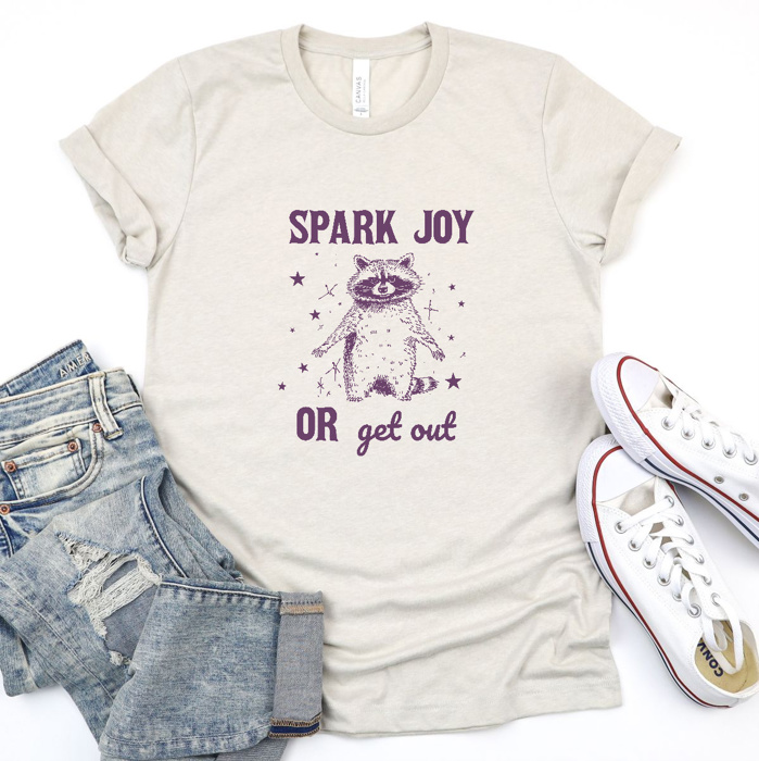 Spark Joy or Get Out: Raccoon's Philosophy Soft Cozy Longer Length Unisex Graphic Tee T-shirt