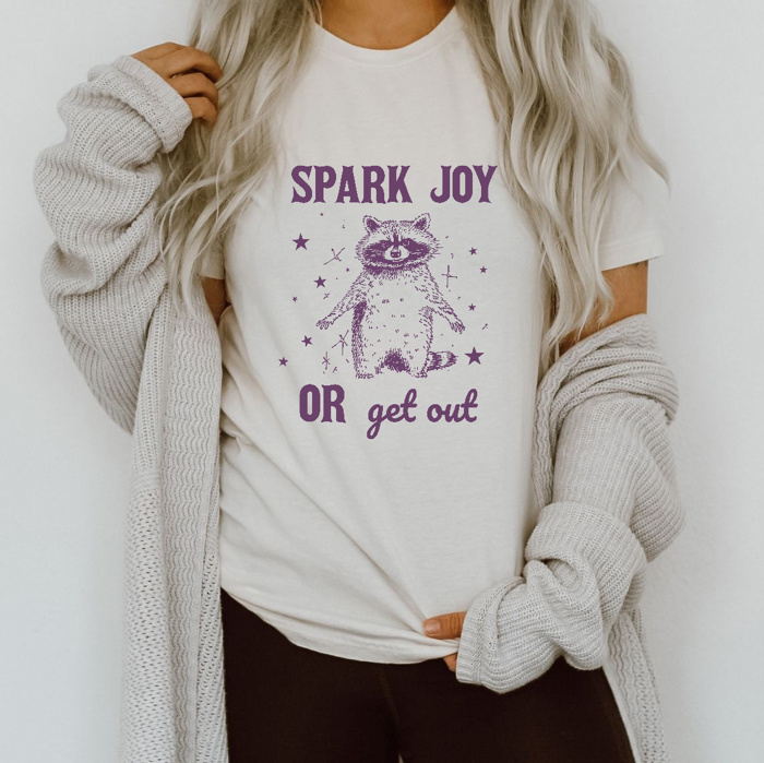 Spark Joy or Get Out: Raccoon's Philosophy Soft Cozy Longer Length Unisex Graphic Tee T-shirt