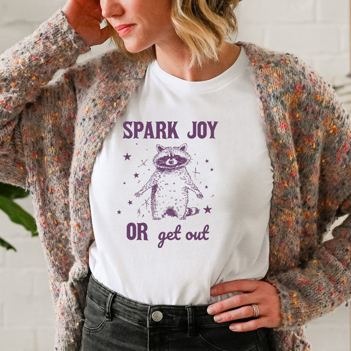 Spark Joy or Get Out: Raccoon's Philosophy Soft Cozy Longer Length Unisex Graphic Tee T-shirt