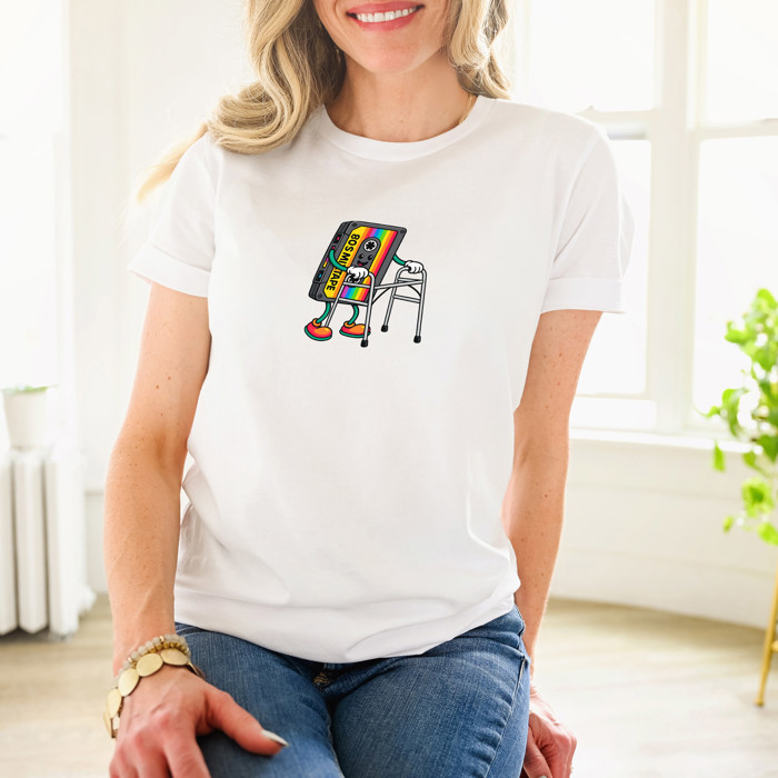 80S MIXTAPE | Retro Rhythms Taking a Stroll Soft Cozy Longer Length Unisex Graphic Tee T-shirt