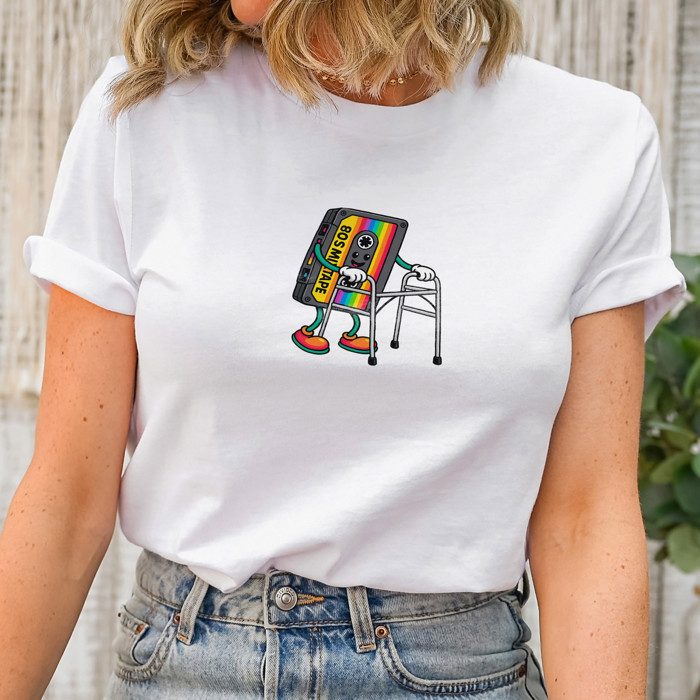 80S MIXTAPE | Retro Rhythms Taking a Stroll Soft Cozy Longer Length Unisex Graphic Tee T-shirt