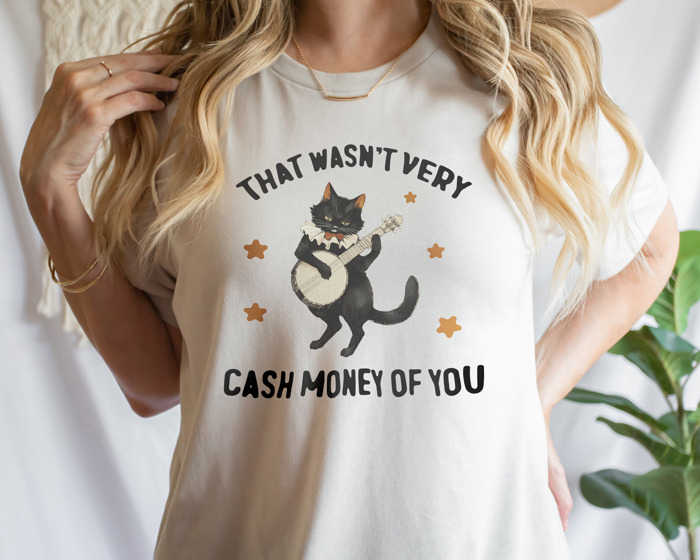 That wasn't very cash money of you Whimsical Banjo Cat Soft Cozy Longer Length Unisex Graphic Tee T-shirt