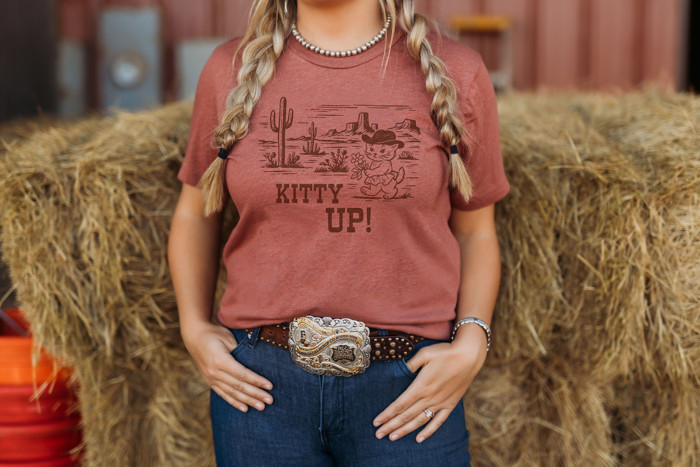 KITTY UP! | Saddle Up for a Purr-fect Adventure! Soft Cozy Longer Length Unisex Graphic Tee T-shirt