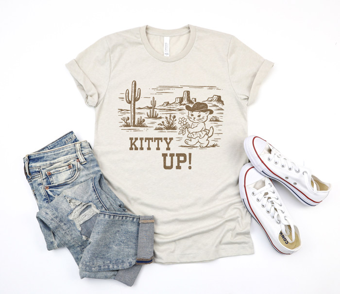 KITTY UP! | Saddle Up for a Purr-fect Adventure! Soft Cozy Longer Length Unisex Graphic Tee T-shirt
