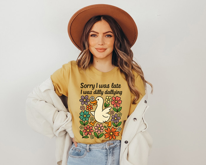 Sorry I was late I was dilly dallying | Quirky Wanderer: A Duck's Delightful Delay Soft Cozy Longer Length Unisex Graphic Tee T-shirt