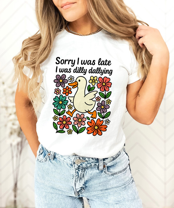 Sorry I was late I was dilly dallying | Quirky Wanderer: A Duck's Delightful Delay Soft Cozy Longer Length Unisex Graphic Tee T-shirt