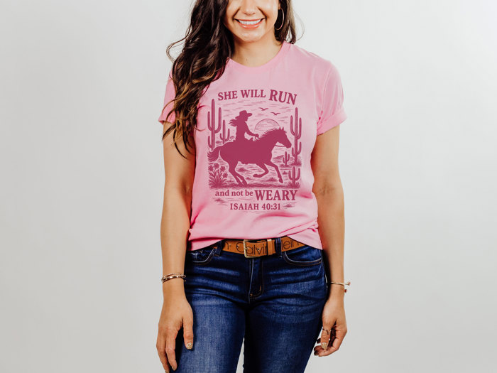 SHE WILL RUN and not be WEARY ISAIAH 40:31 | Unstoppable Spirit on the Horizon Soft Cozy Longer Length Unisex Graphic Tee T-shirt