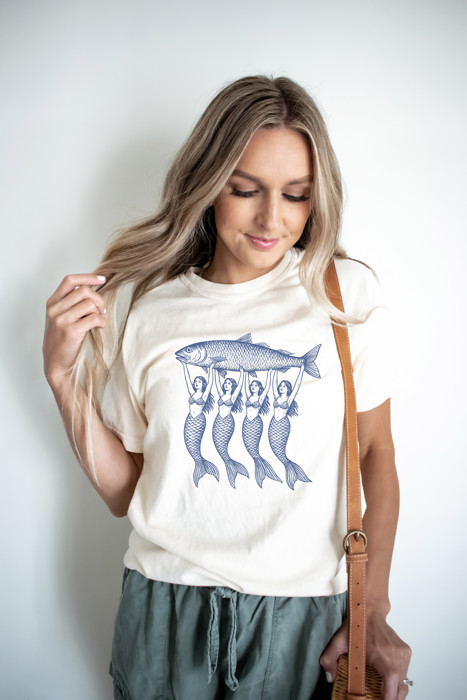 Mermaids Holding a Large Fish | A Catch of Mystical Proportions Unisex Heavyweight Comfort Tee