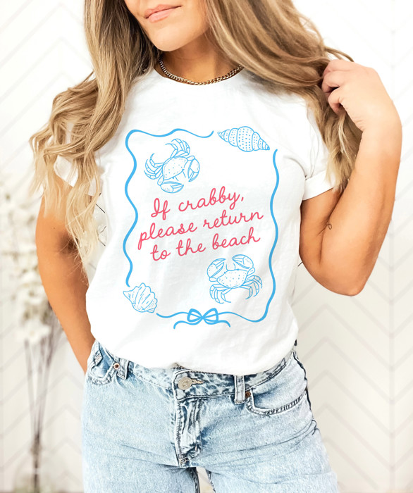 If crabby, please return to the beach | Crabby to Happy: A Beachy Reminder Soft Cozy Longer Length Unisex Graphic Tee T-shirt