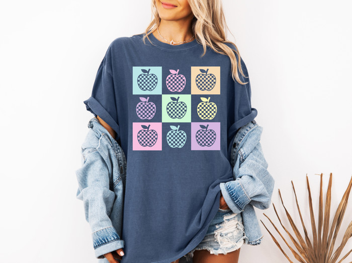 Apples For The Teacher - Checkerboard Apples | A Whimsical Orchard of Pastel Delight Unisex Heavyweight Comfort Tee