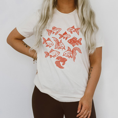 Nihonga Style Swimming Goldfish | Swimming in Harmony Soft Cozy Longer Length Unisex Graphic Tee T-shirt