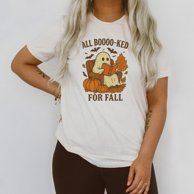 ALL BOOOOO-KED FOR FALL | Spooktacular Seasons: A Cozy Fall Ghost Story Soft Cozy Longer Length Unisex Graphic Tee T-shirt