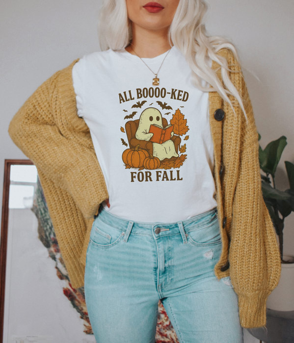 ALL BOOOOO-KED FOR FALL | Spooktacular Seasons: A Cozy Fall Ghost Story Soft Cozy Longer Length Unisex Graphic Tee T-shirt