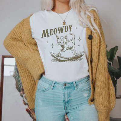 MEOWDY | Cowgirls and Cowboys: The Wild West Kitty Adventure! Soft Cozy Longer Length Unisex Graphic Tee T-shirt