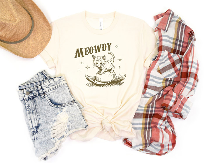 MEOWDY | Cowgirls and Cowboys: The Wild West Kitty Adventure! Soft Cozy Longer Length Unisex Graphic Tee T-shirt