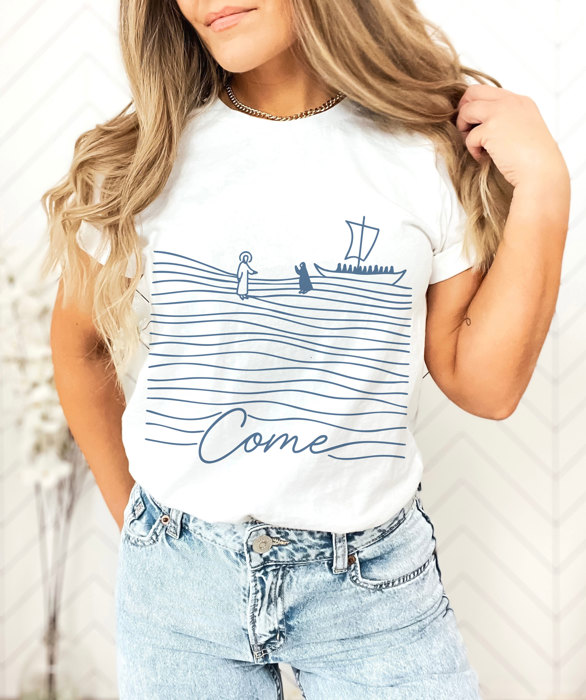 Come | A Call to Faith on the Waves Soft Cozy Longer Length Unisex Graphic Tee T-shirt