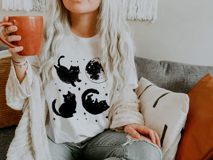 Spooky Cute Black Cats in Space | Cosmic Catventures Soft Cozy Longer Length Unisex Graphic Tee T-shirt