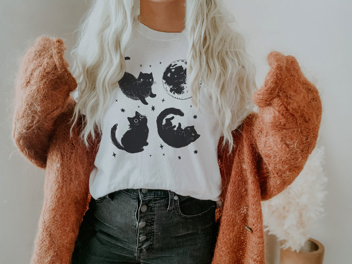 Spooky Cute Black Cats in Space | Cosmic Catventures Soft Cozy Longer Length Unisex Graphic Tee T-shirt