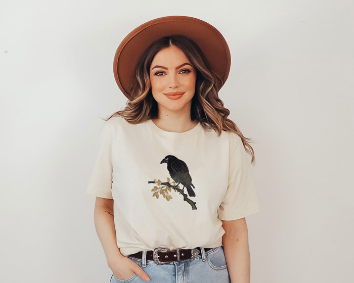 Spooky Nihonga Japanese Style CROW ON BRANCH | Whisper of Shadows Soft Cozy Longer Length Unisex Graphic Tee T-shirt