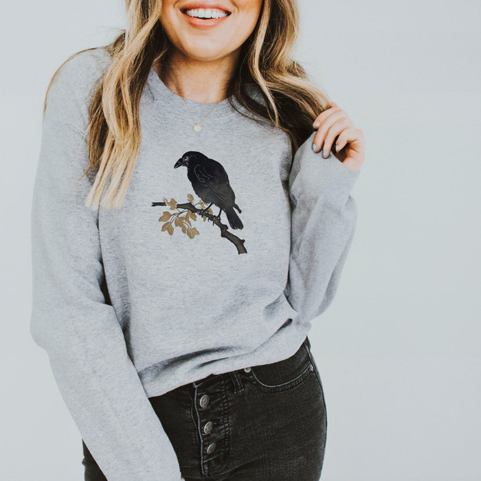 Spooky Fall Vibes Raven on a Branch | Silent Watcher of Autumn's Secrets Soft Unisex Graphic Sweatshirt Print