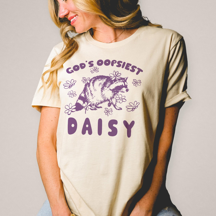God's Oopsiest Daisy Raccoon Soft Cozy Longer Length Unisex Graphic Tee T-shirt