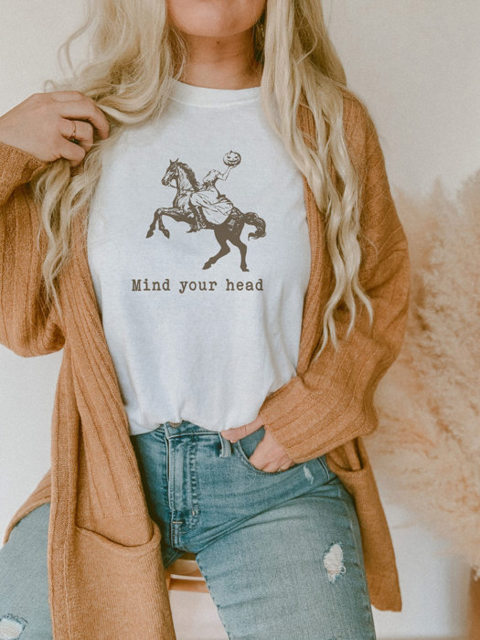 Mind your head | Galloping into the Cowgirl Halloween Spirit! Soft Cozy Longer Length Unisex Graphic Tee T-shirt