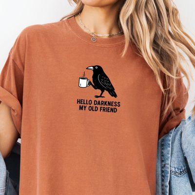Hello Darkness Coffee Crow Pun - Cozy Oversized Fit Cotton Heavyweight Tee (Unisex)  Comfort Colors