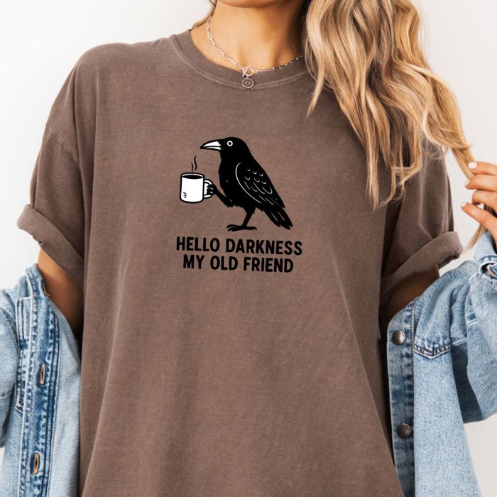 Hello Darkness Coffee Crow Pun - Cozy Oversized Fit Cotton Heavyweight Tee (Unisex)  Comfort Colors