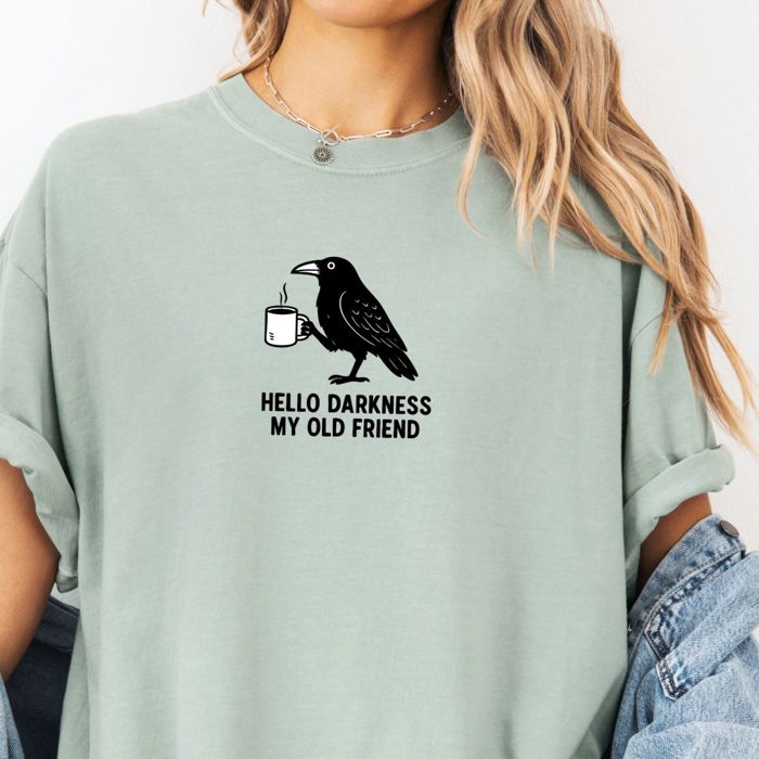 Hello Darkness Coffee Crow Pun - Cozy Oversized Fit Cotton Heavyweight Tee (Unisex)  Comfort Colors