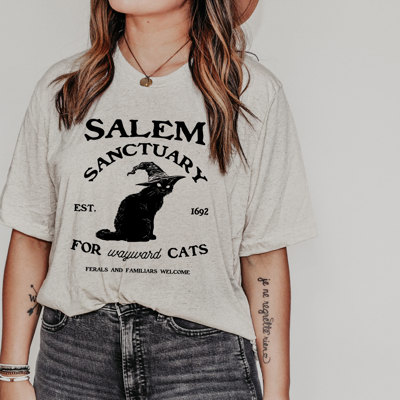Salem Sanctuary For Wayward Cats Cute Halloween Fall - T-Shirt (Crewneck)  100 Cotton Solid Colors Jersey Tee (Unisex)  Bella Canvas, T-Shirt (Crewneck)  Po