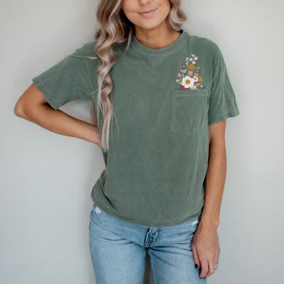 Faux (Printed, not real embroidery)    Embroidery Wild Flower Pocket Unisex Heavyweight Comfort Tee