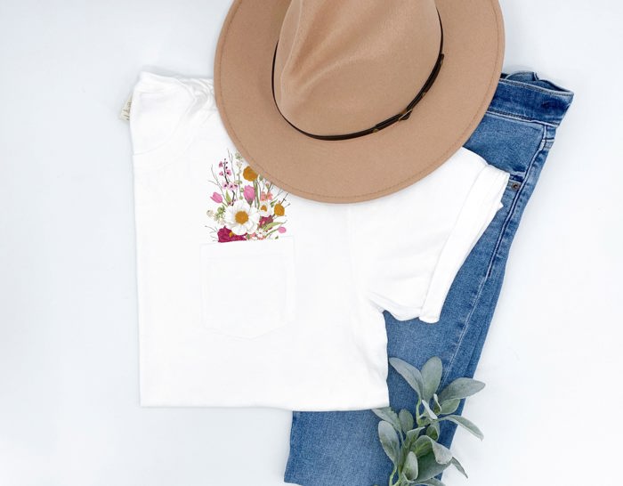 Faux (Printed, not real embroidery)    Embroidery Wild Flower Pocket Unisex Heavyweight Comfort Tee