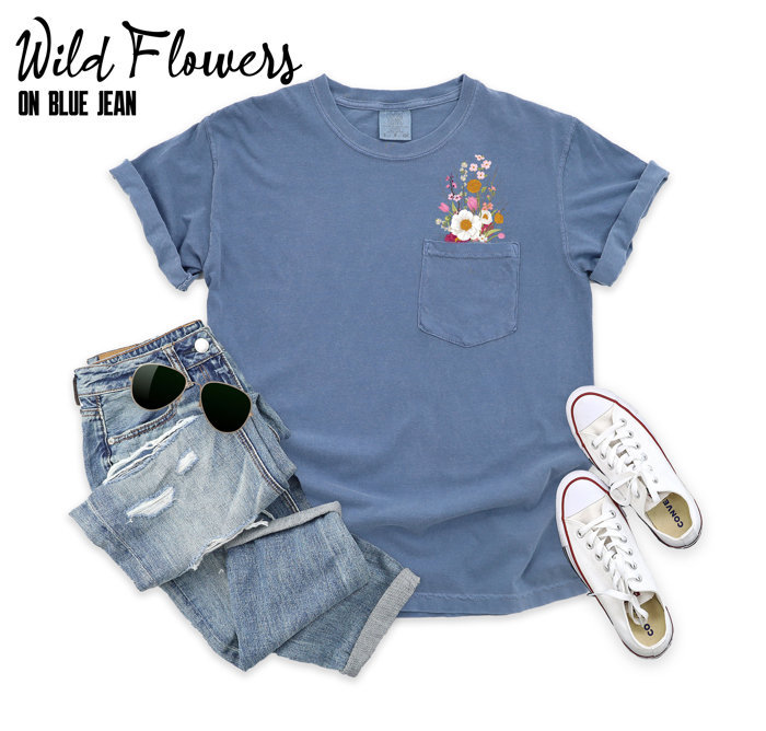 Faux (Printed, not real embroidery)    Embroidery Wild Flower Pocket Unisex Heavyweight Comfort Tee