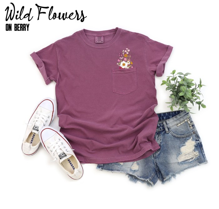 Faux (Printed, not real embroidery)    Embroidery Wild Flower Pocket Unisex Heavyweight Comfort Tee