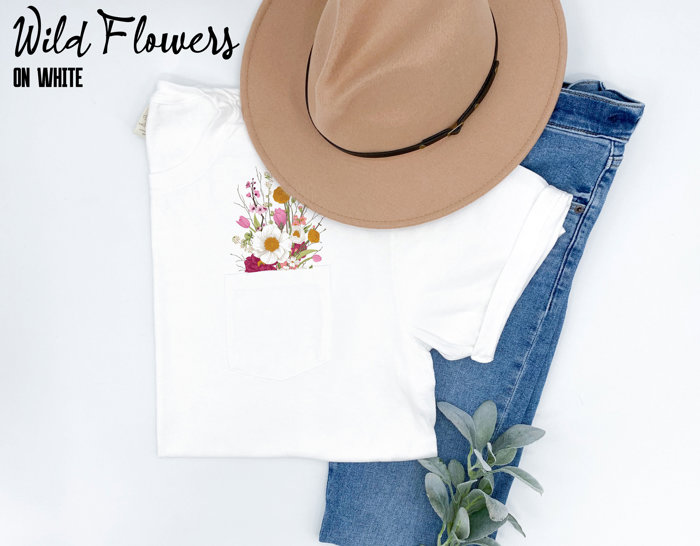 Faux (Printed, not real embroidery)    Embroidery Wild Flower Pocket Unisex Heavyweight Comfort Tee