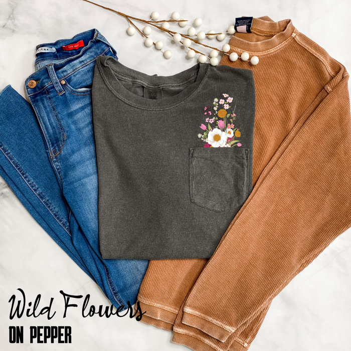 Faux (Printed, not real embroidery)    Embroidery Wild Flower Pocket Unisex Heavyweight Comfort Tee