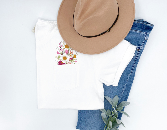 Faux (Printed, not real embroidery)    Embroidery Wild Flower Pocket Unisex Heavyweight Comfort Tee