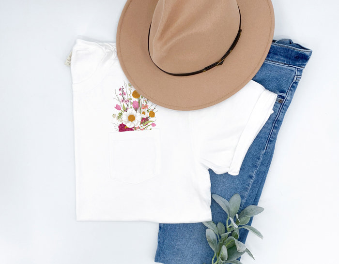 Faux (Printed, not real embroidery)    Embroidery Wild Flower Pocket Unisex Heavyweight Comfort Tee