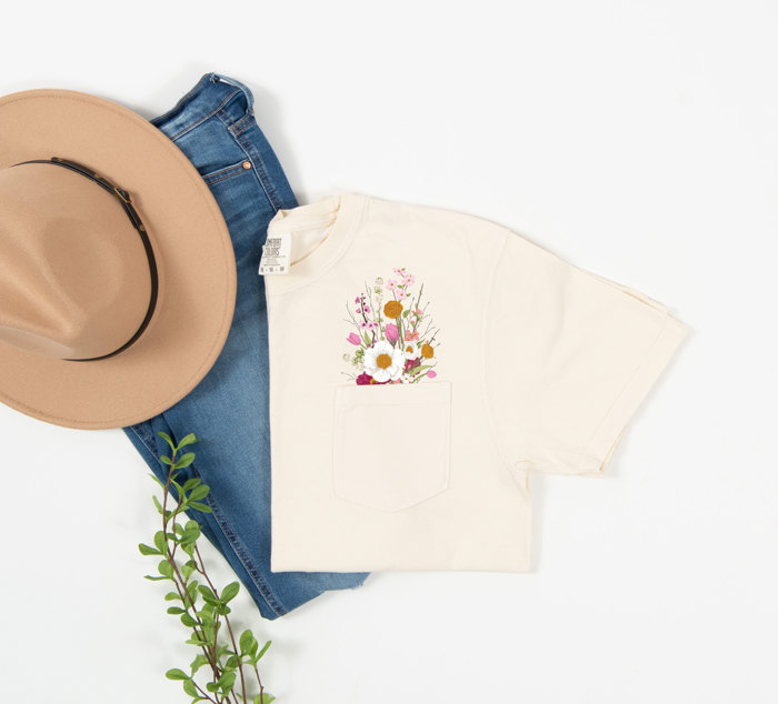 Faux (Printed, not real embroidery)    Embroidery Wild Flower Pocket Unisex Heavyweight Comfort Tee