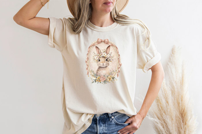 Vintage Floral Easter Bunny Portrait - Choose Sweatshirt or T-Shirt