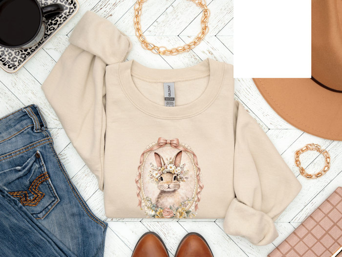 Vintage Floral Easter Bunny Portrait - Choose Sweatshirt or T-Shirt