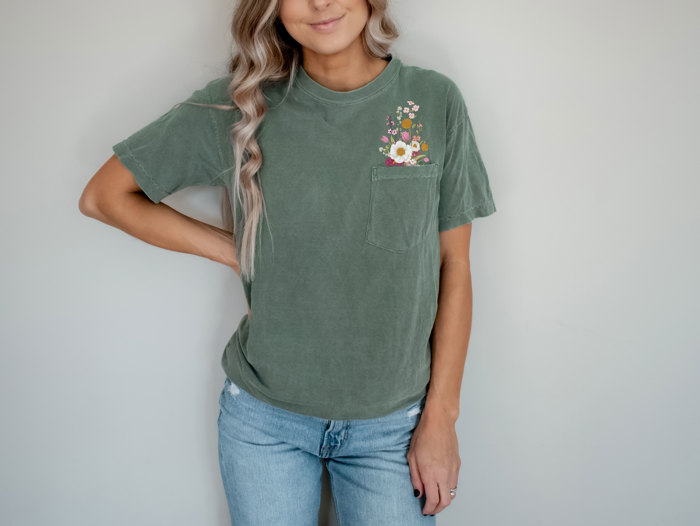 Faux (Printed, not real embroidery)    Embroidery Wild Flower Pocket Unisex Heavyweight Comfort Tee