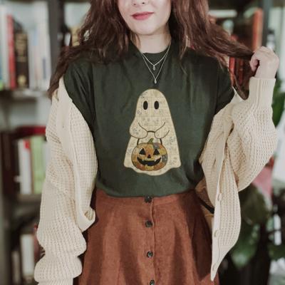 Faux (Printed, not real quilted fabric) Quilted Spooky Halloween Ghostie - T-Shirt (Crewneck)  100 Cotton Solid Colors Jersey Tee (Unisex)  Bella Canvas, T-Shirt (Crewneck)  Poly-Cotton Heath