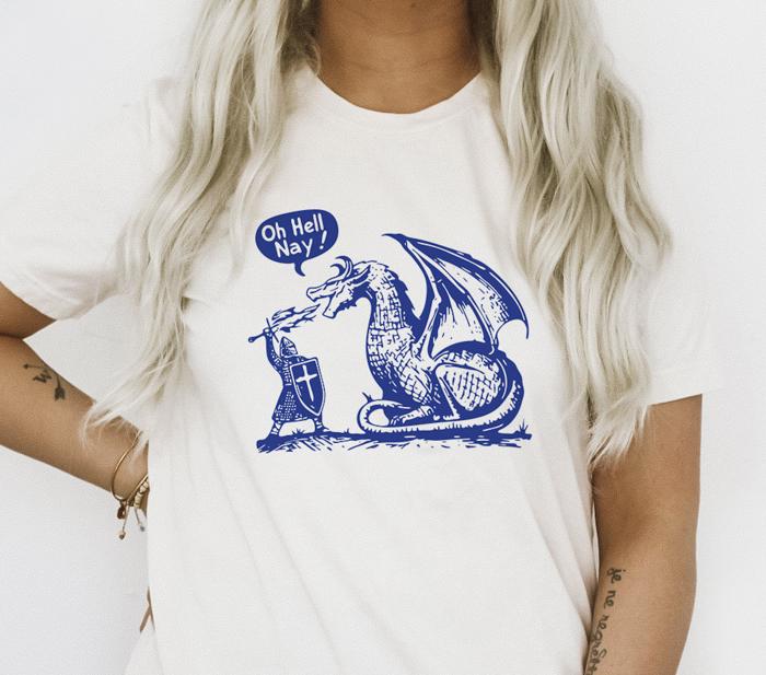 Oh Hell Nay! - Knight vs. Dragon Adventure Tee Soft Cozy Longer Length Unisex Graphic Tee T-shirt