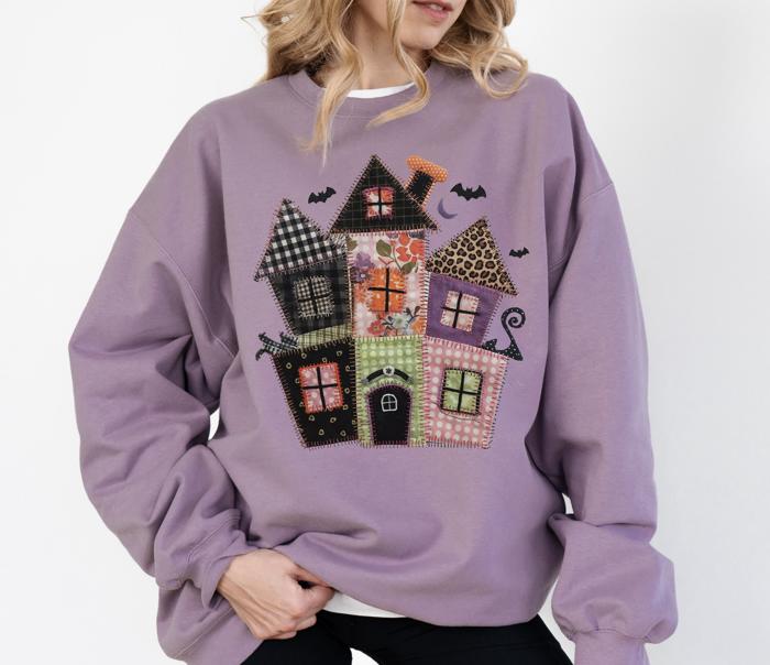Faux (Printed, not real quilted fabric) Quilted Spooky Haunted Halloween House - Comfy Dropshoulder Sweatshirt