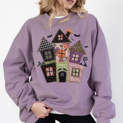 Faux (Printed, not real quilted fabric) Quilted Spooky Haunted Halloween House - Comfy Dropshoulder Sweatshirt