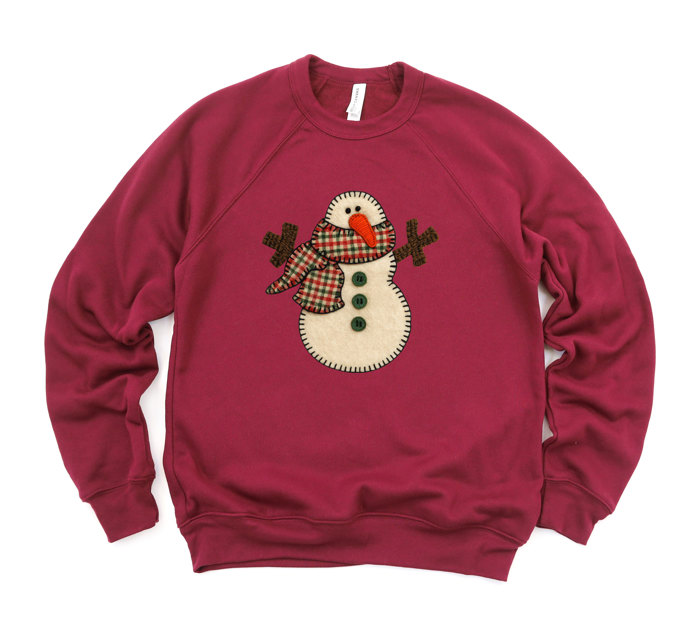 Faux (Printed, not real)  Applique Snowman - Ultra Soft Sweatshirt Sponge Fleece Raglan Bella Canvas