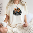  Faux (Printed, not real lace)  Black Lace Halloween Pumpkin With Bow For Fall - T-Shirt (Crewneck)  100 Cotton Heavyweight Tee (Unisex)  Comfort Colors