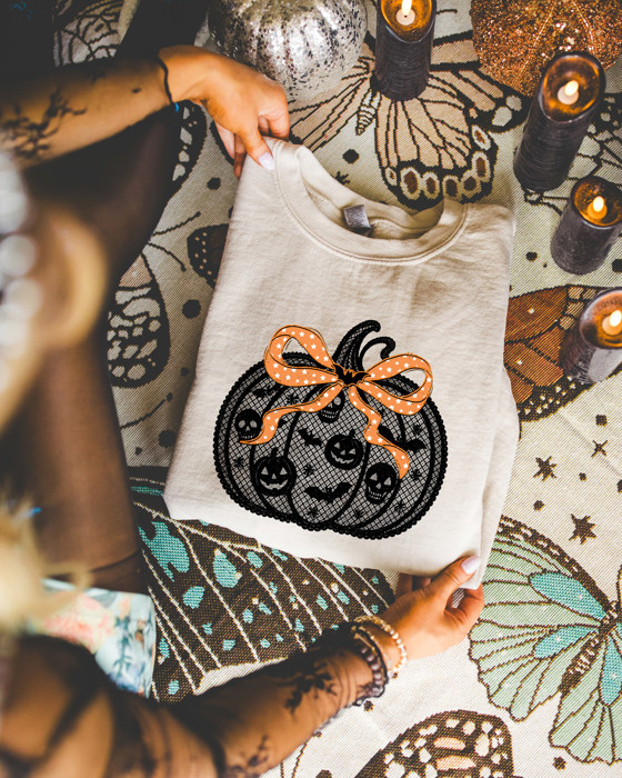 Faux (Printed, not real lace)   Black Lace Pumpkin With Bow For Halloween and Fall - Sweatshirt (Crewneck)  Poly-Cotton Colors (Unisex)  Gildan
